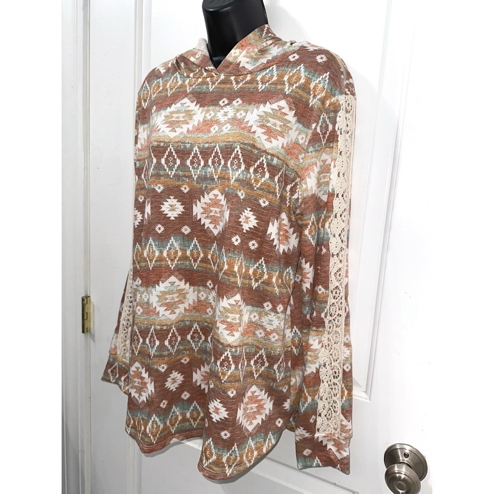 Haptics Aztec Pullover Long Sleeve Lightweight Hoodie with lace details - Picture 3 of 7